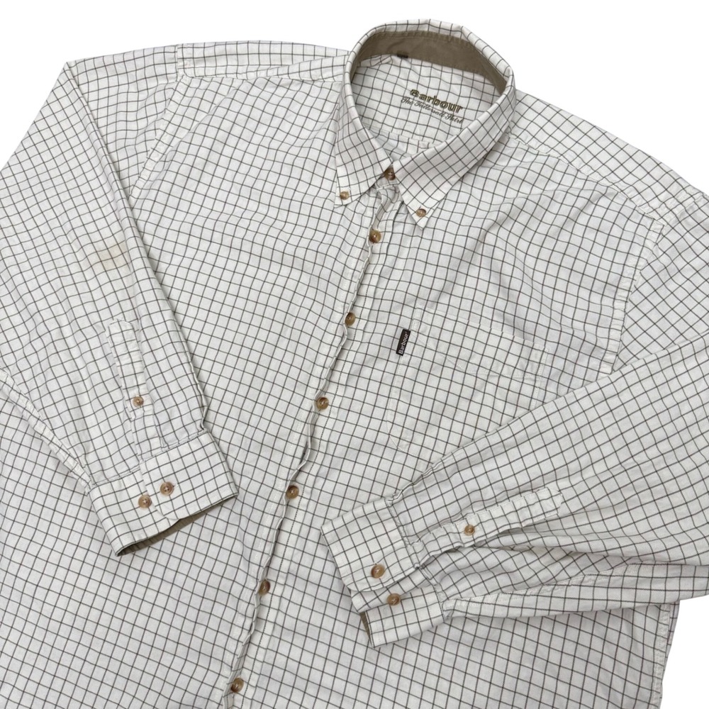 Barbour Tattersall Shirt Mens XL Cream Green Plaid Cotton Button Down Portugal